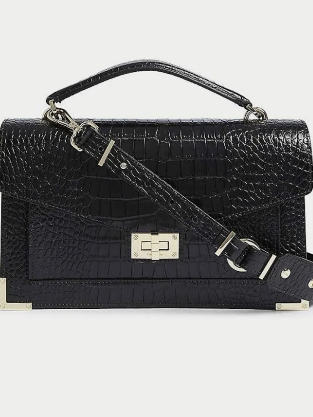 The Kooples Large Emily Purse Black Croc Embossed Structured Top Handle Leather
